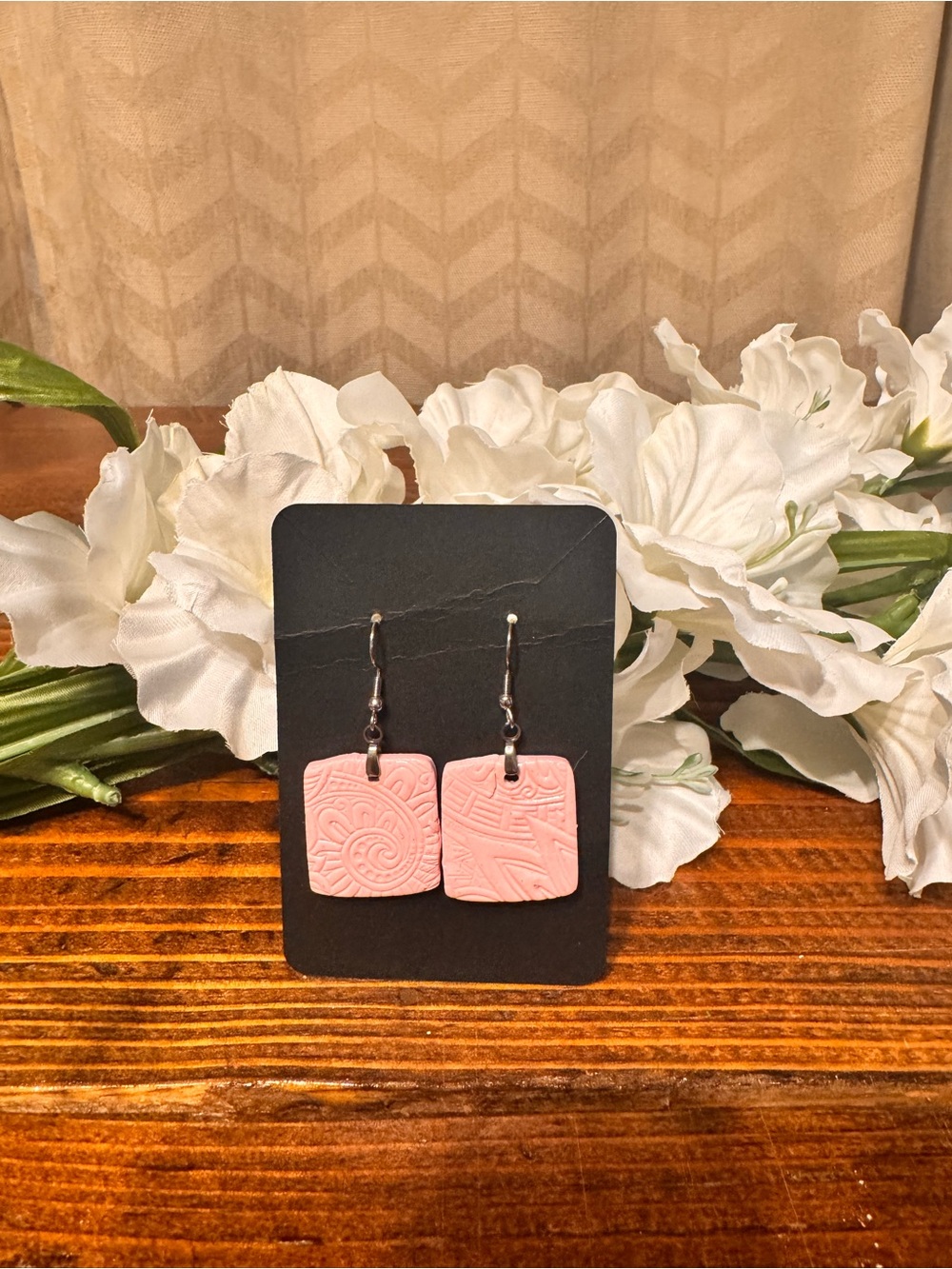 Handcrafted Pink Square Textured Boho Dangle Earrings